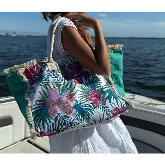 Beach Bag Tote, Ocean Floral Large Pool Bag Shoulder Travel Tote Bags W Zipper - Picture 4 of 8